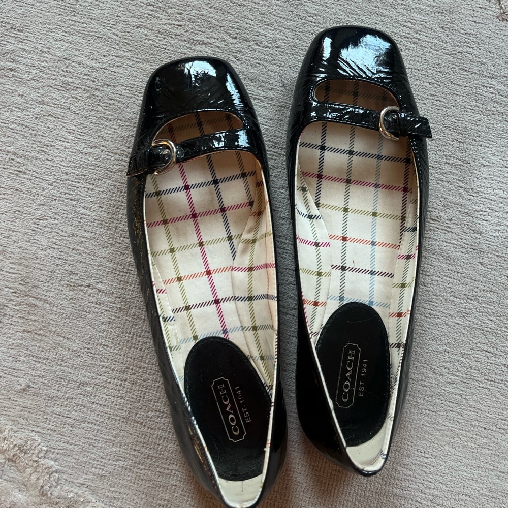 Coach Shiny Black Flats with Buckle